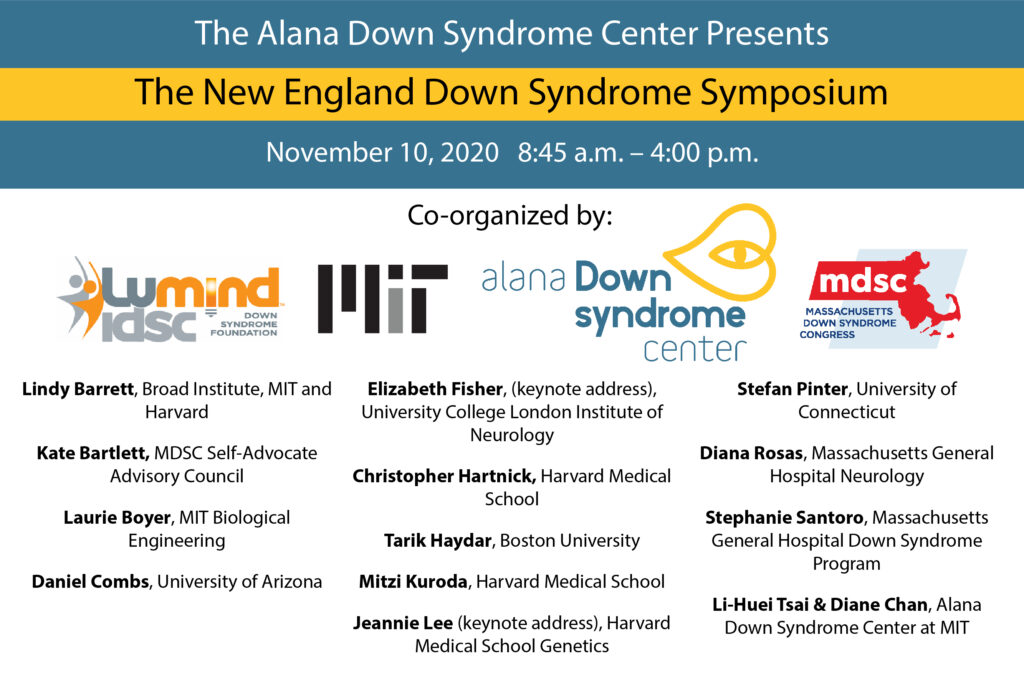 A poster for the New England Down Syndrome Symposium showing speaker names and logos of the organizers