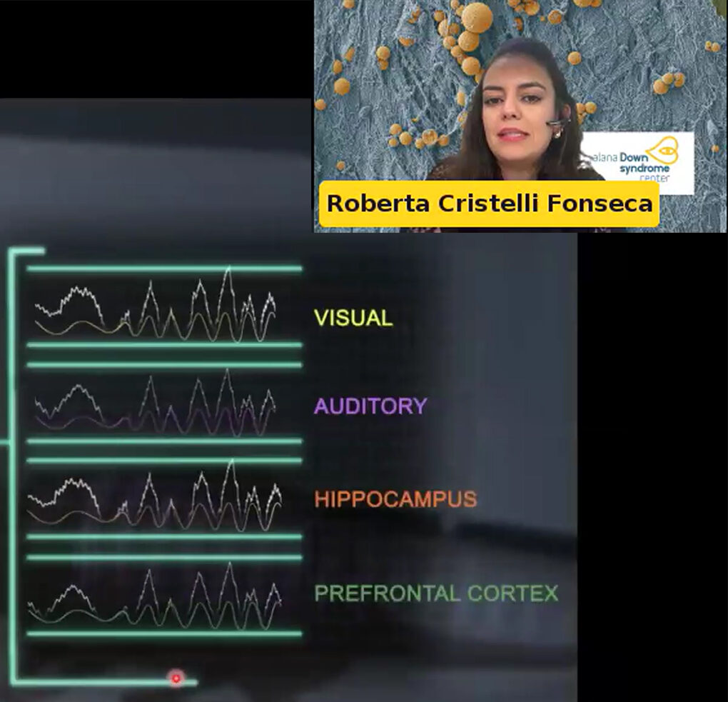 A cartoon of a brain shows different regions (visual cortex, audio cortex, prefrontal cortex and hippocampus) lit in different colors. Next to the brain is a chart of brainwaves in each region. In the upper right of the image there is an inset of Roberta Fonseca speaking.